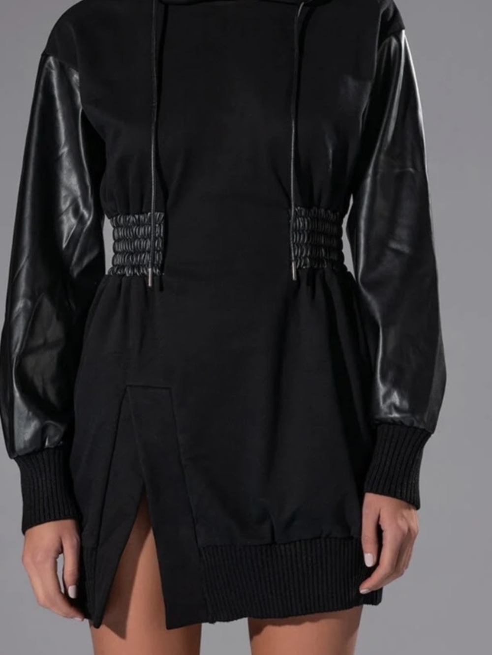 AKIRA Black Hoodie Dress with Faux Leather Sleeves